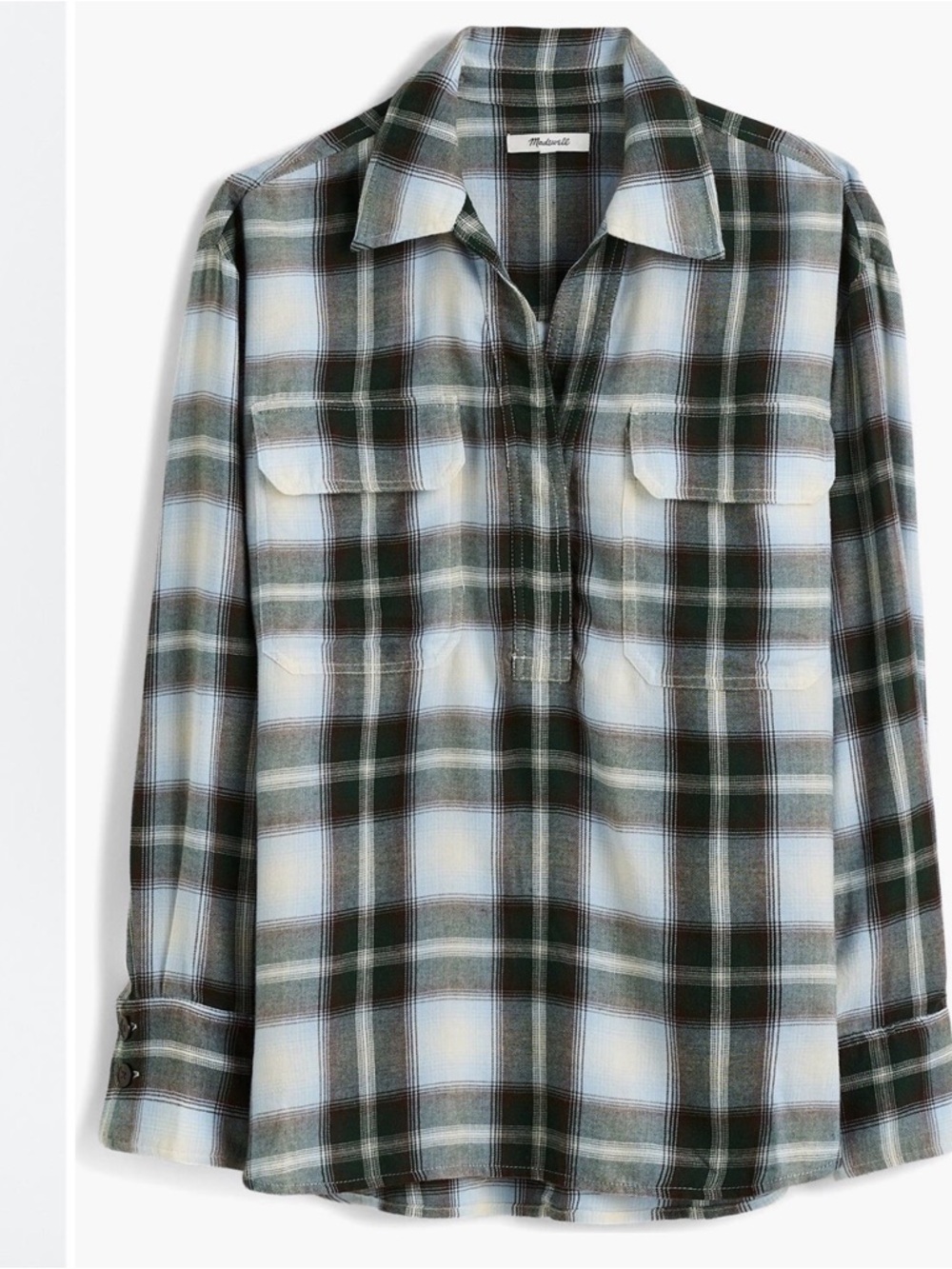 Madewell Plaid Popover Shirt in Green Blue and White XL